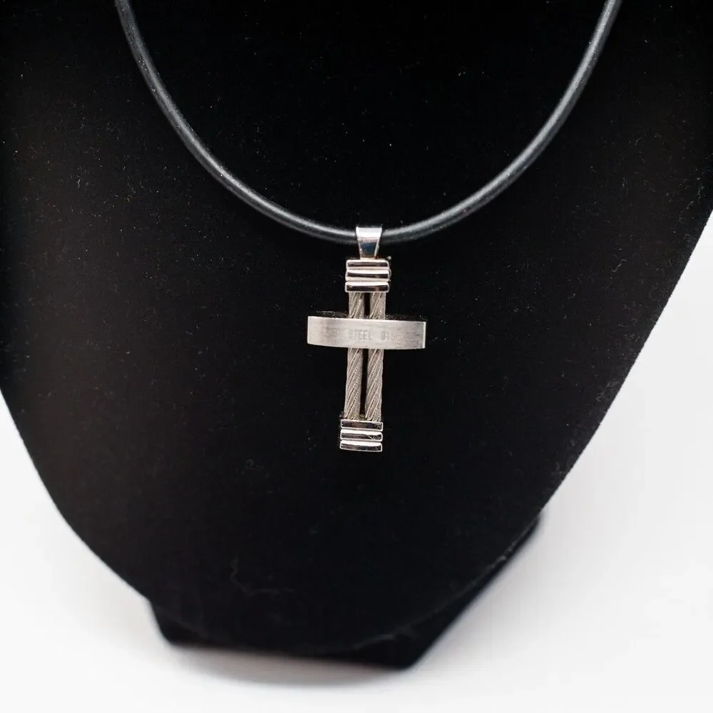 Stainless Steel 316L artisan industrial cross mens unisex silver tone black cord